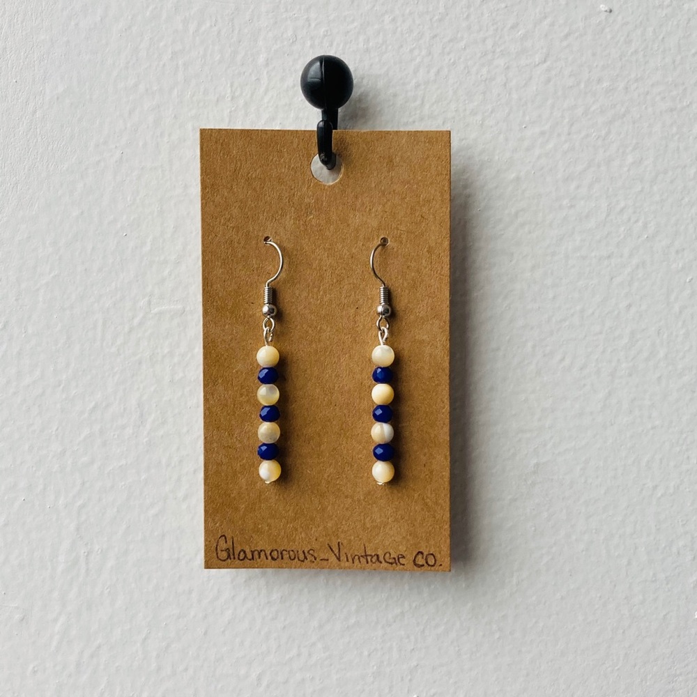 Cream and dark blue Bead Hang Down Earrings